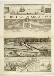 Die Westansicht der Stadt Great Yarmouth in Norfolk, graviert von John Harris